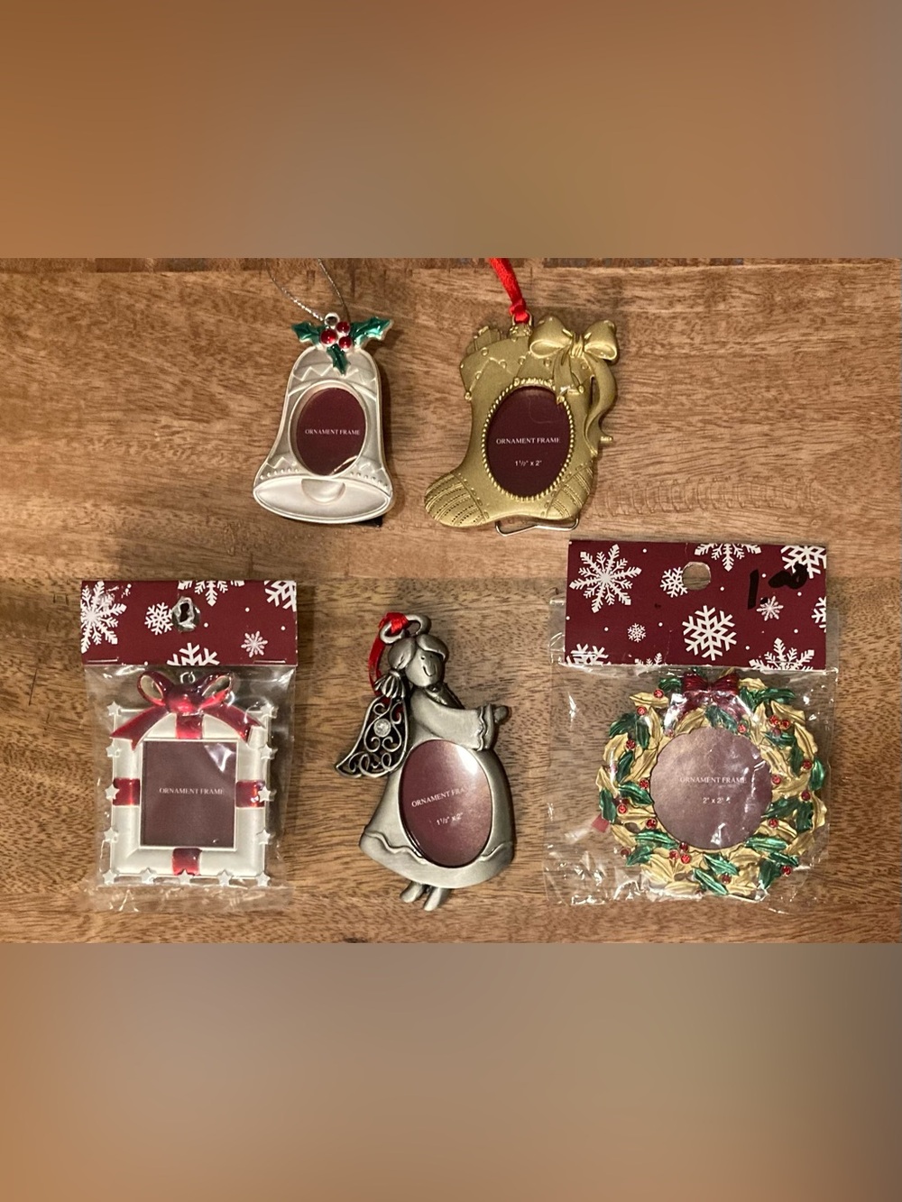 Set of 5 Ornate Metal Christmas Ornament Picture Frames